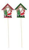 House with santa mix 5 red 5 green wooden pick 20cm pk10