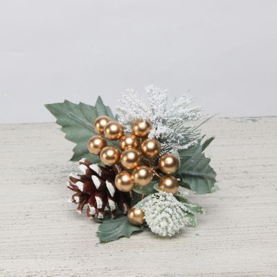 gold snowy berry, spruce and cone pick