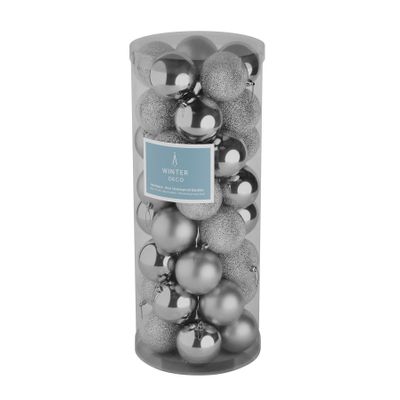 Silver 8cm Plastic Ball in tube (matt,shiny,glitter) x 40