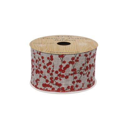 Grey with red glitter berries ribbon 63mm x 10yds