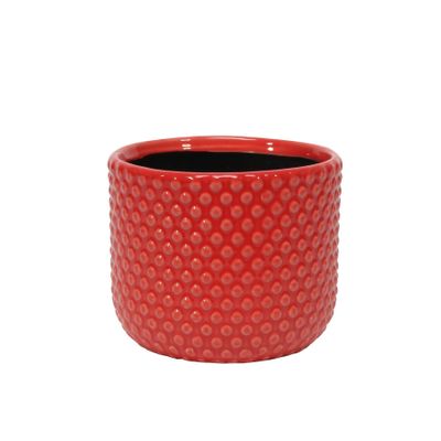 Painted Red Pot with Debossed Dots - Stoneware (13x11cm)