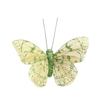 Green Feather & Glitter Butterfly 6cm x 8cm w/clip/Pk 12