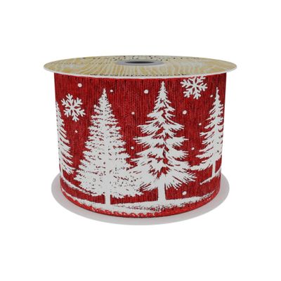 Red Mesh Ribbon with White  Xmas Tree Print  63mm x 10yd