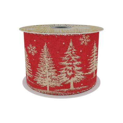 Red Mesh Ribbon with Gold Xmas Tree Print  63mm x 10yd