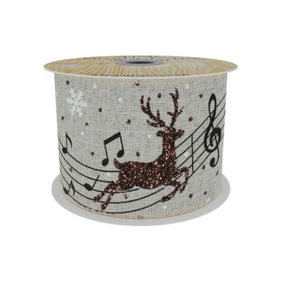 Natural  Ribbon with Reindeer and Musical Notes 63mm x 10yd