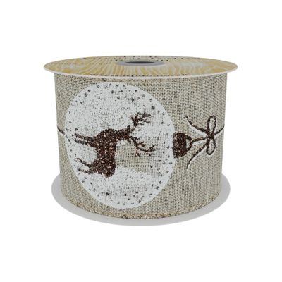 Natural Ribbon with Reindeer Bauble Print -Brown/ White  63mm x 10yd