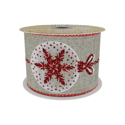 Natural Ribbon with Red Bauble Design 63mm x 10yd