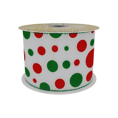 Satin  Spotty Ribbon  Red/ Green With Green Trim 63mm x 10 yd