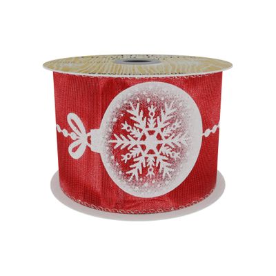 Red Satin Ribbon with Snowflake Bauble Print- White  63mm x 10yd