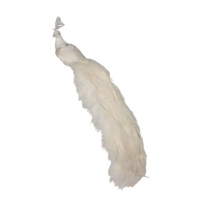 White Glitter Feather Peacock with Clip L60cm