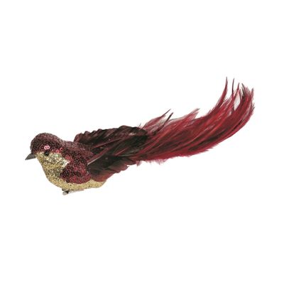 Burgundy Sequin & Glitter Feather Bird with Clip L29cm