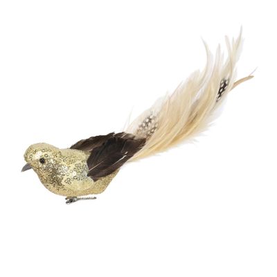 Gold Sequin & Glitter Feather Bird with Clip L29cm