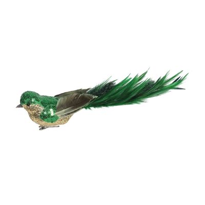 Green & Gold Sequin & Glitter Feather Bird with Clip L29cm