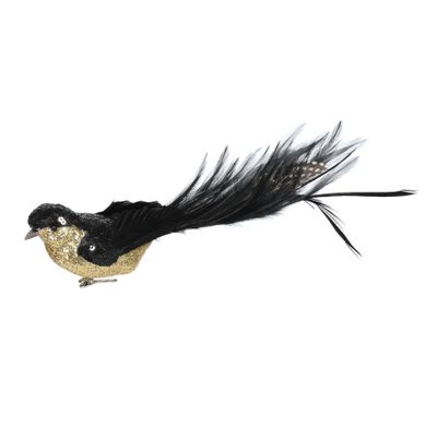 Black & Gold Sequin & Glitter Feather Bird with Clip L29cm