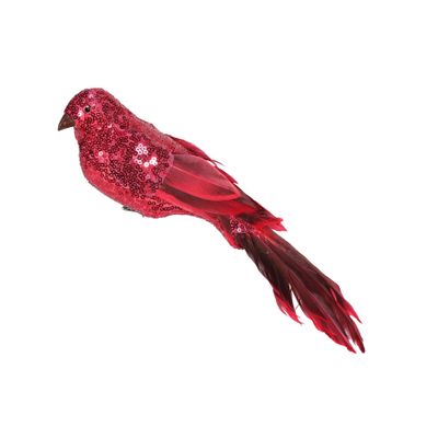 Red Sequin and Feather Bird with Clip L30cm