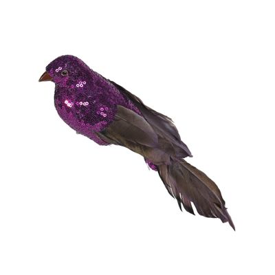 Purple Sequin and Feather Bird with Clip L30cm