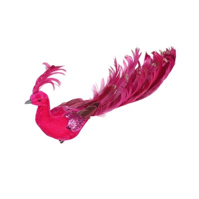 Hot Pink Velvet Peacock with Clip L26cm