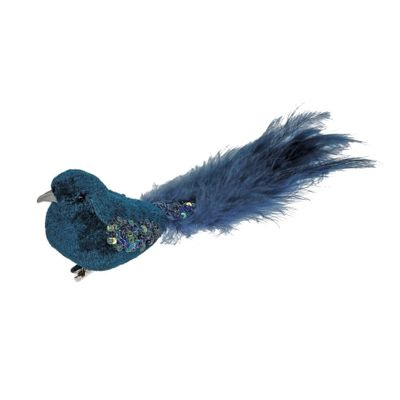 Peacock Blue Velvet Bird Glitter Wings with Clip L20cm