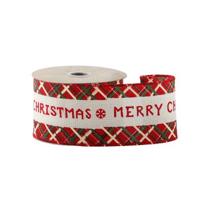 Red ,Green & Natural Merry Christmas  Ribbon - Wired Edge - 63mm x 10yds