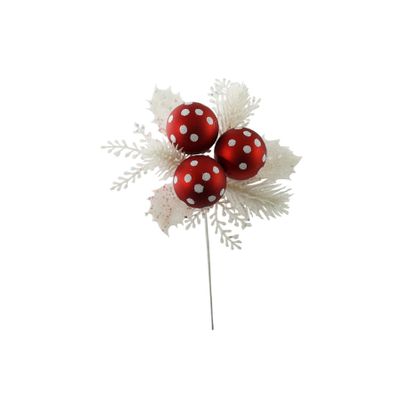 Red Baubles with white Glitter Spots & White Foliage Pick - 24cm
