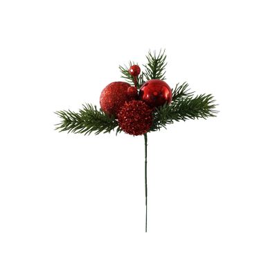 Assorted Shiney & Glitter Baubles /Green Foliage  Pick - Red - 20cm
