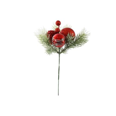 Glitter Baubles x3  with Green  Foliage Pick - Red / White - 22cm