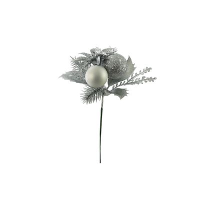 Glitter & Plain Baubles  with Silver Foliage  Pick - 16cm
