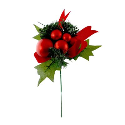 Assorted Size Red Baubles /Green Foliage & Red Ribbon Pick - 20cm