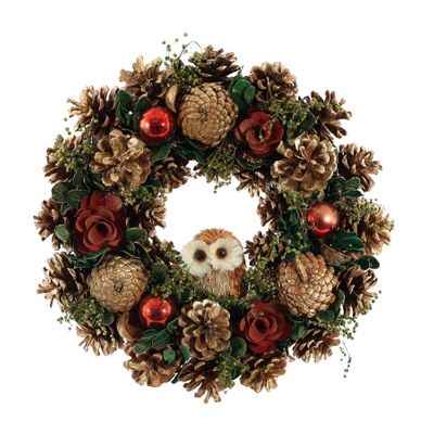 Xmas Wreath - Bird Cones & Metallic Baubles & Owl  - 36cm 