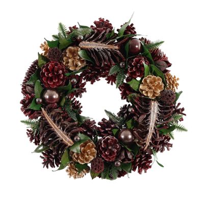 Xmas Wreath - Assorted Cones  / Leaves / Baubles - Burgundy / Gold -36cm