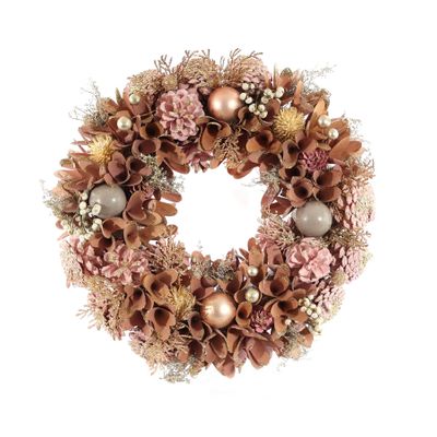 Xmas Wreath - Assorted Cones / Baubles - Dusky Pink -36cm
