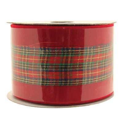 Red Velvet Ribbon with Tartan Centre  (2.5" x 10m)