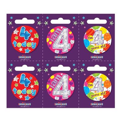 Age 4 Small Badges (6 assorted per perforated card) (5.5cm)  