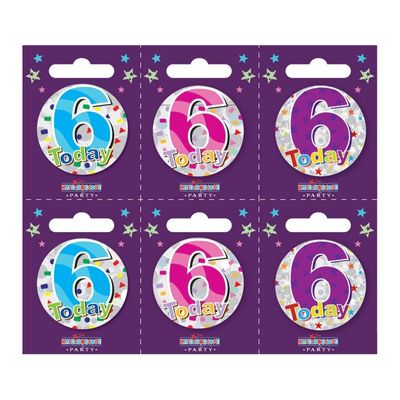 Age 6 Small Badges (6 assorted per perforated card) (5.5cm) 