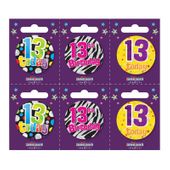 Age 13 Small Badges (6 assorted per perforated card) (5.5cm)  