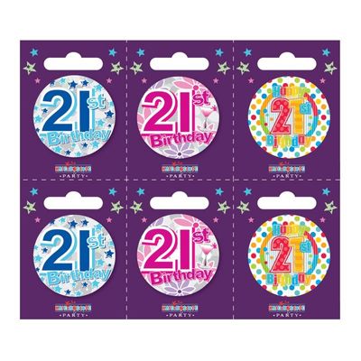 Age 21 Small Badges (6 assorted per perforated card) (5.5cm) 