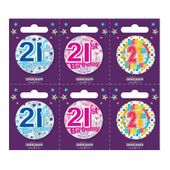 Age 21 Small Badges (6 assorted per perforated card) (5.5cm) 