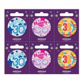 Age 30 Small Badges (6 assorted per perforated card) (5.5cm)  