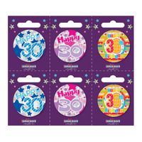 Age 30 Small Badges (6 assorted per perforated card) (5.5cm)  