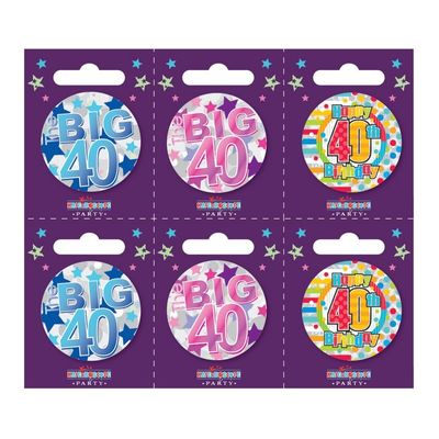 Age 40 Small Badges (6 assorted per perforated card) (5.5cm)  