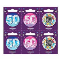 Age 50 Small Badges (6 assorted per perforated card) (5.5cm)  