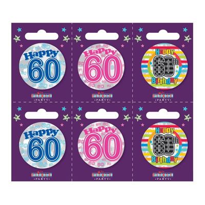 Age 60 Small Badges (6 assorted per perforated card) (5.5cm) 