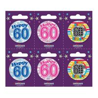 Age 60 Small Badges (6 assorted per perforated card) (5.5cm) 