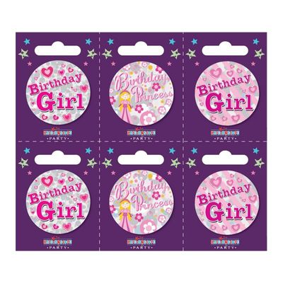 Birthday Girl Small Badges (6 assorted per perforated card) (5.5cm)  