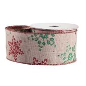 Natural with Green/Gold Glitter Snowflake Ribbon (2.5inch x 10yd)
