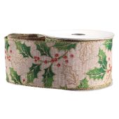 Natural with Holly Ribbon (2.5inch x 10yd)