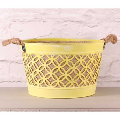 Round Planter with Hessian and Rope Handle in Yellow (28cm)